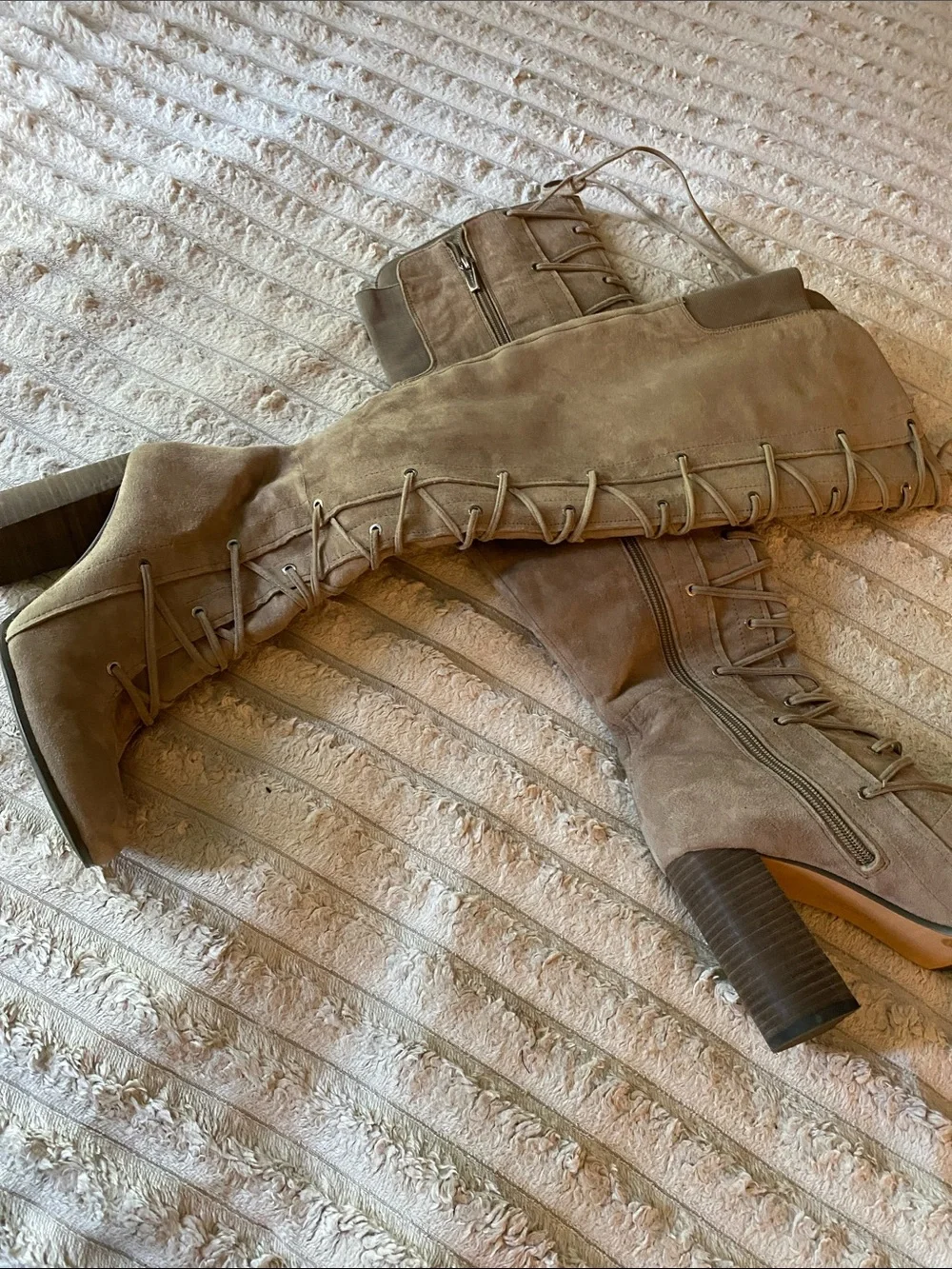 NWOT, Vince Camuto Over-the-Knee Lace-Up Suede Boots in Taupe